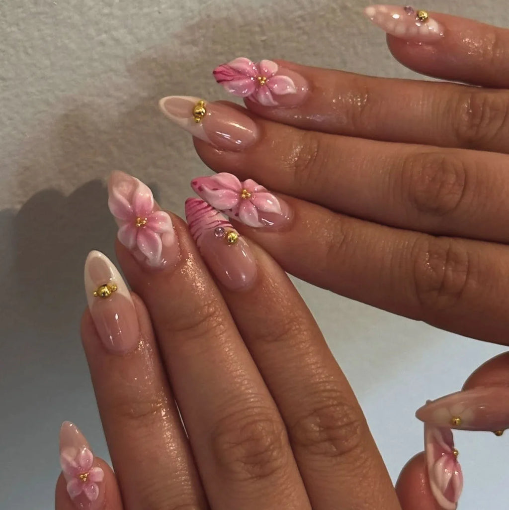 24pcs Pink Flower Almond Press on Nails Kawaii False Nails Wearable Stick-on Nails Fake Nail Uñas Postizas Накладные Ногти 네일팁