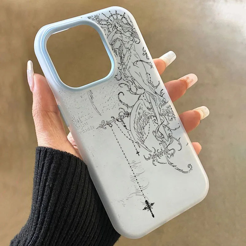 Gothic Style Angel Cross Line Drawing Phone Case For iPhone 11 12 13 14 15 16 17 Pro Max XS X XR 16E 17Pro 17Air 7 8 Plus Cover