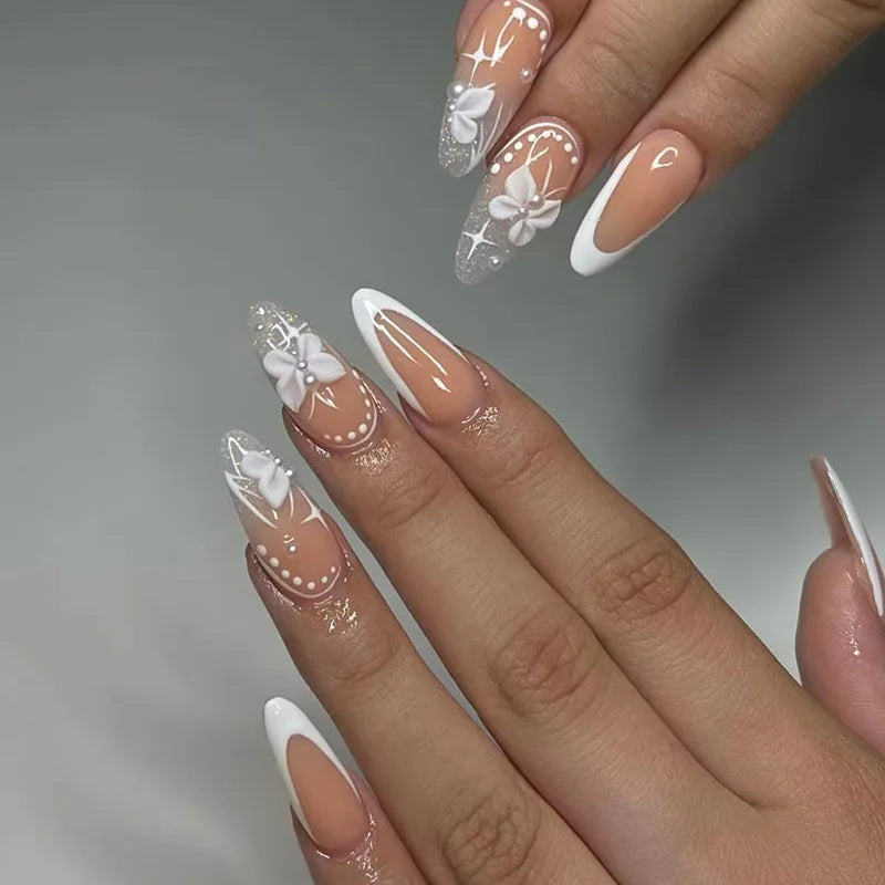 24pcs Wearable Bow Design Press on Nails Simple Pearl Starlight Short Almond False Nails Tips Finished Cat's Eye Fake Nail Sets