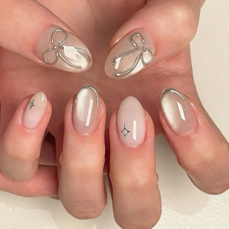24pcs Wearable Bow Design Press on Nails Simple Pearl Starlight Short Almond False Nails Tips Finished Cat's Eye Fake Nail Sets