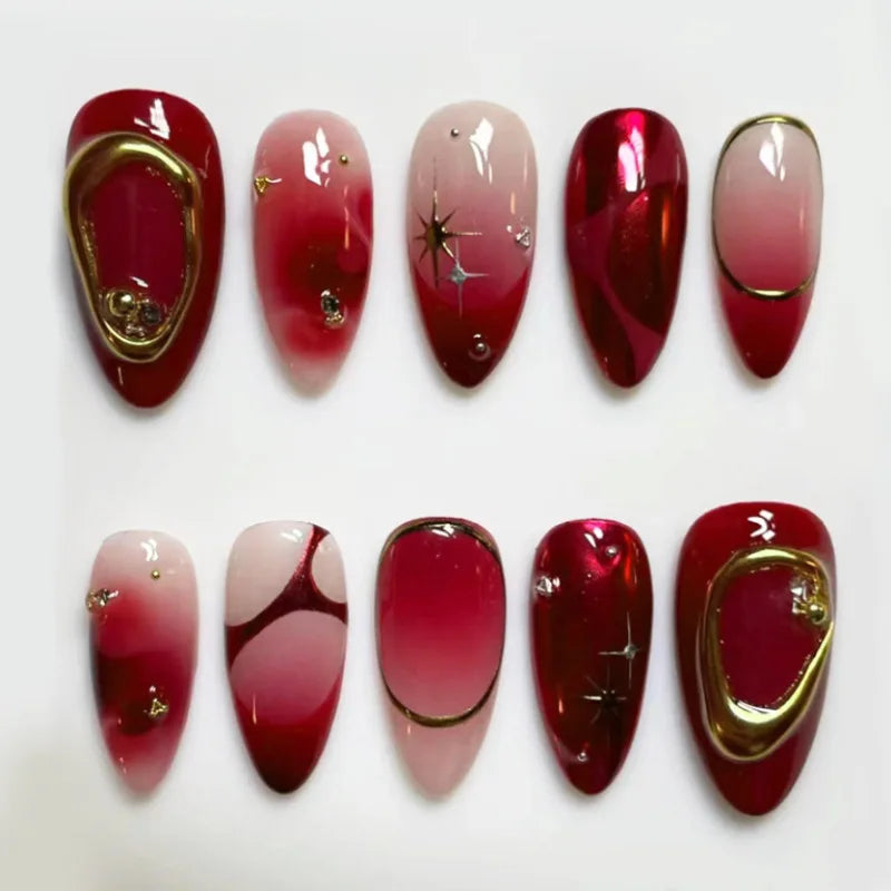 24PCS Black Glitter Press-On Nails – 3D Metallic Almond Reusable Nails