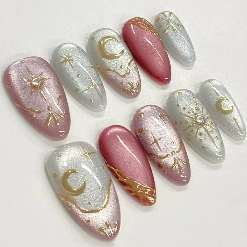 24Pcs French Almond False Nails Glitter with Rhinestones Wearable Fake Nails Artificial Simple Full Cover Press on Nails Tips