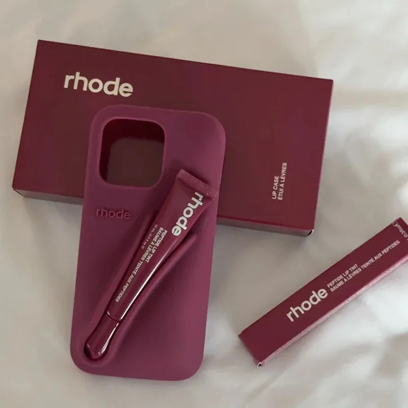 With Box Lipstick Rhod Phone Case for iPhone 16 17 Air 15 14 13 12 11 Pro Max 6 7 8 Plus Makeup Lip Gloss Holder Silicone Cover