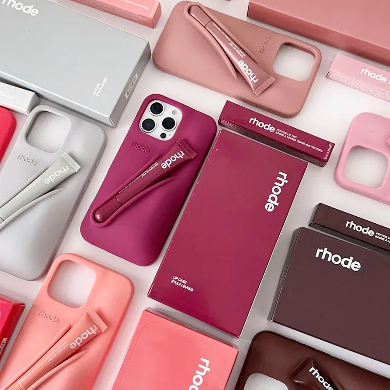 With Box Lipstick Rhod Phone Case for iPhone 16 17 Air 15 14 13 12 11 Pro Max 6 7 8 Plus Makeup Lip Gloss Holder Silicone Cover
