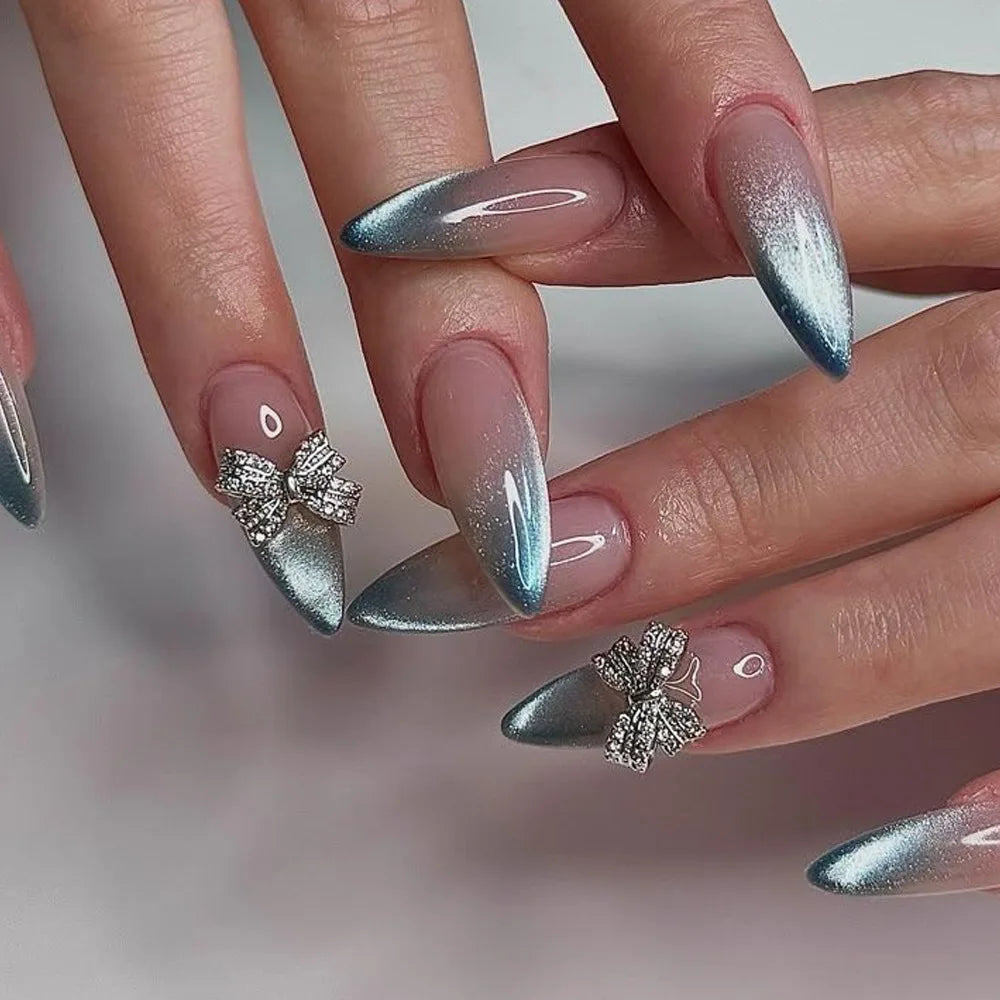 24pcs Wearable Bow Design Press on Nails Simple Pearl Starlight Short Almond False Nails Tips Finished Cat's Eye Fake Nail Sets