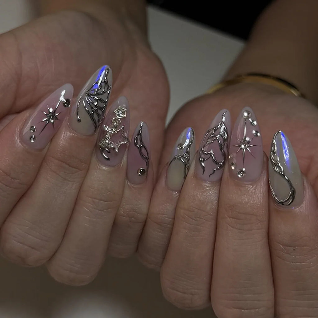 24Pcs Dark Press on Fake Nails with Black Glitter 3D Metallic Designs Sweet Cool Almond False Nails Detachable Nails Spice Girls