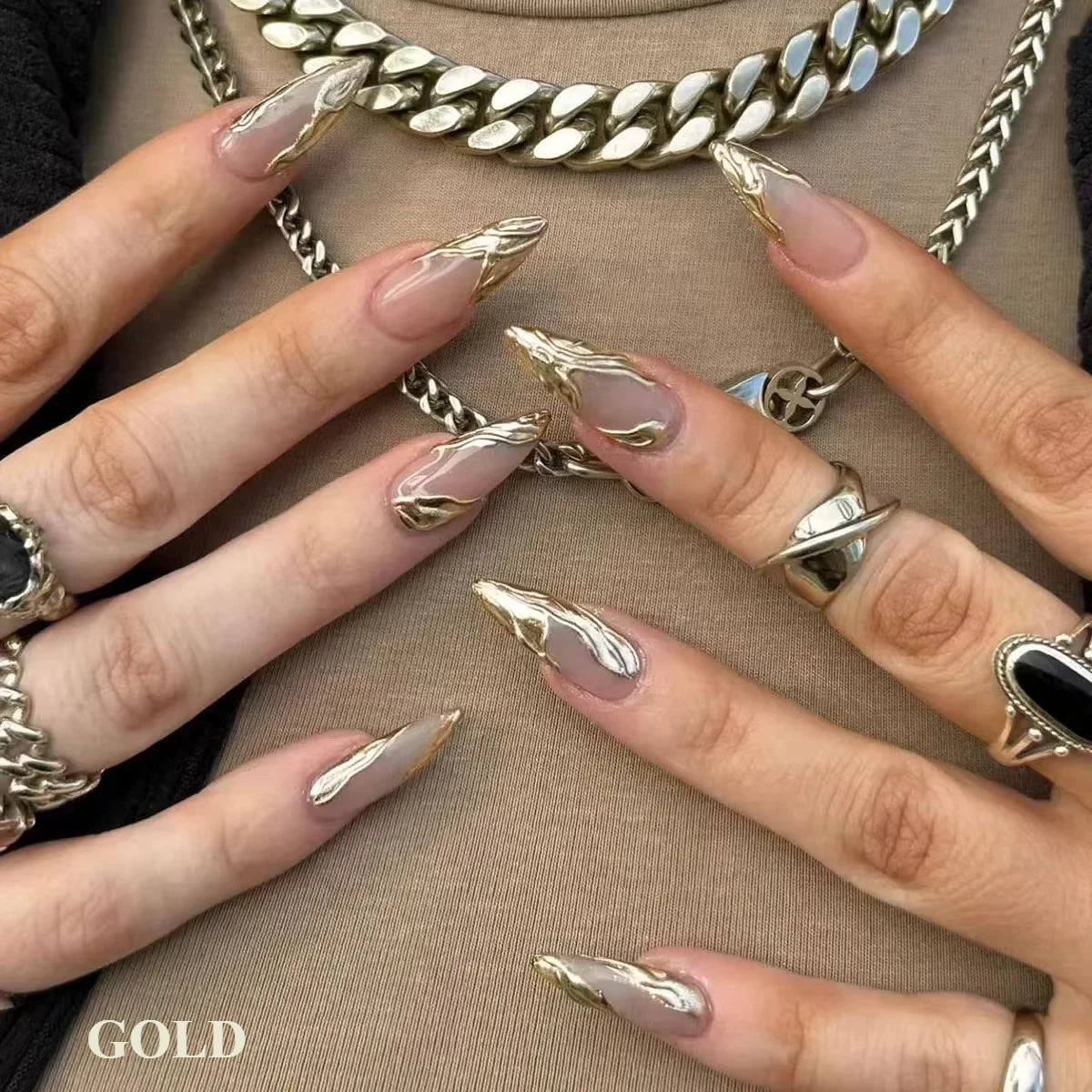 24PCS French Almond Press-On Nails – Glitter & Rhinestone Reusable Nails