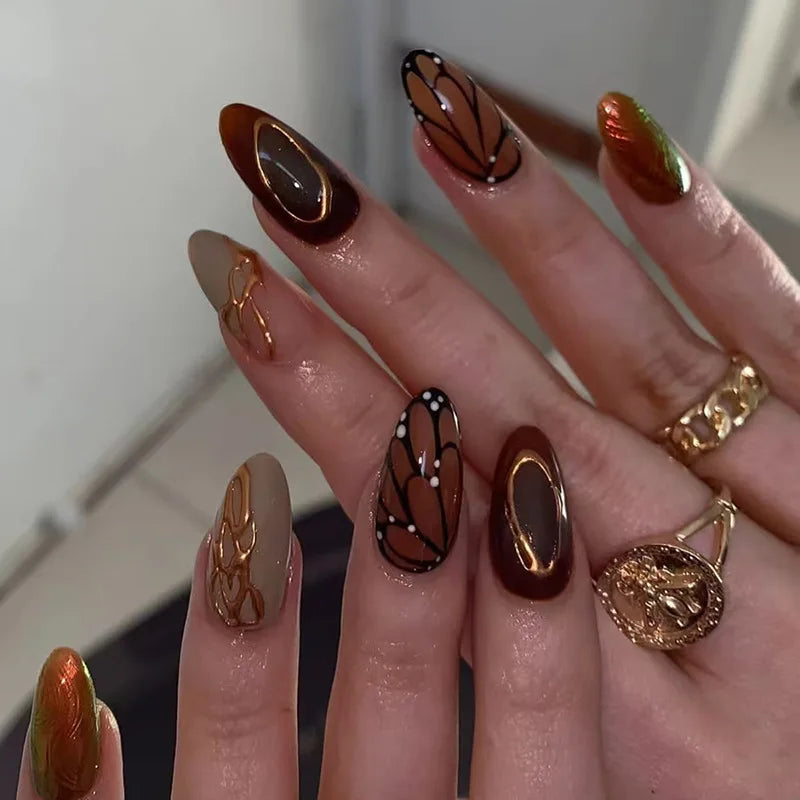 24PCS Black Glitter Press-On Nails – 3D Metallic Almond Reusable Nails