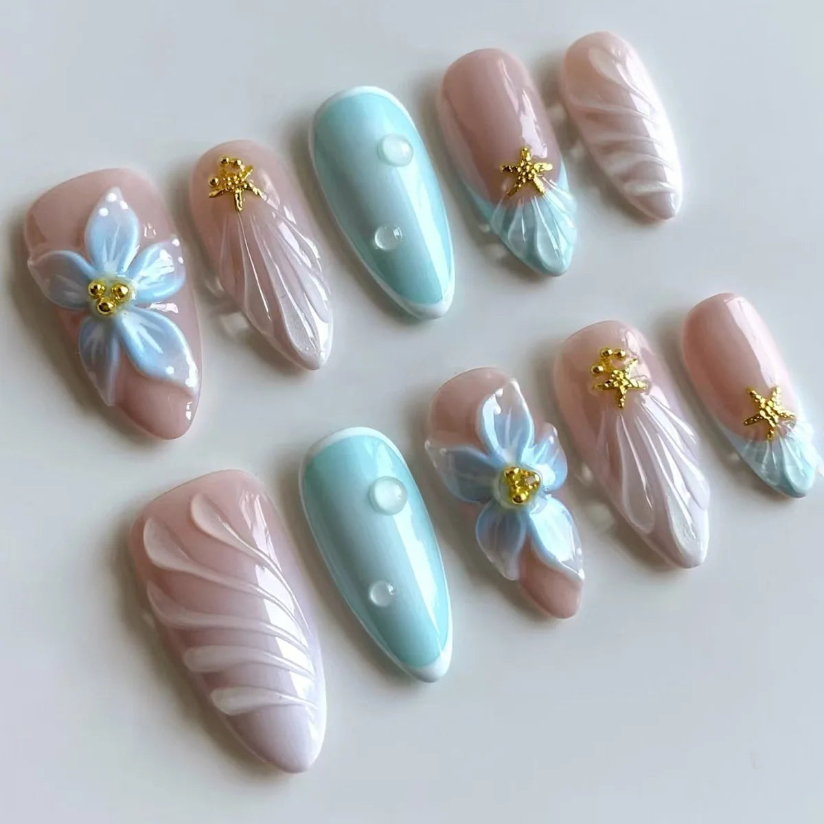 24PCS Pink Flower Almond Press-On Nails