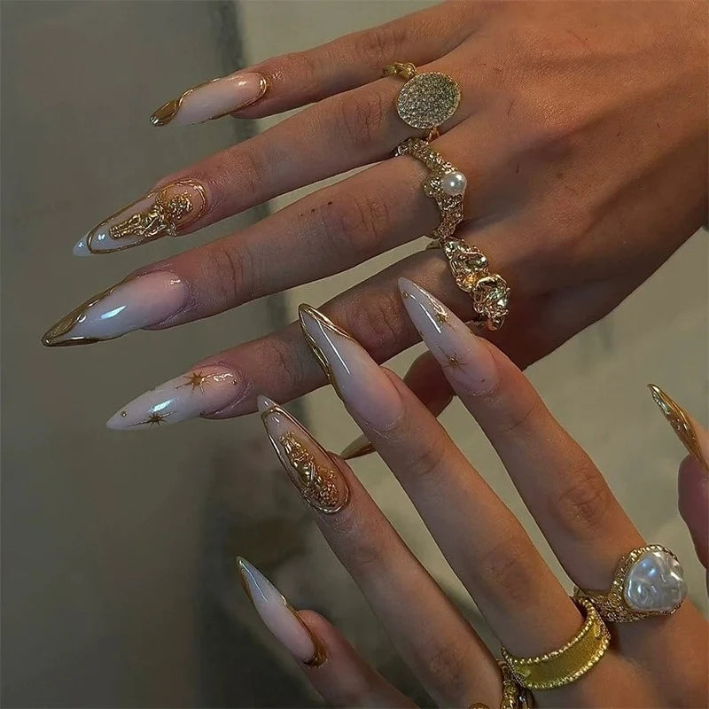 24Pcs French Almond False Nails Glitter with Rhinestones Wearable Fake Nails Artificial Simple Full Cover Press on Nails Tips