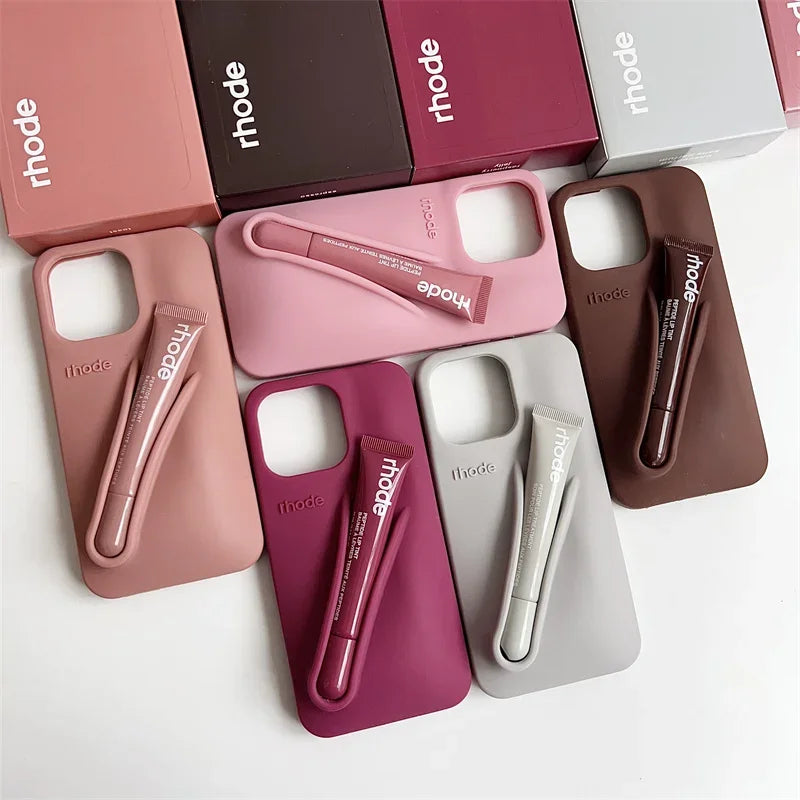With Box Lipstick Rhod Phone Case for iPhone 16 17 Air 15 14 13 12 11 Pro Max 6 7 8 Plus Makeup Lip Gloss Holder Silicone Cover
