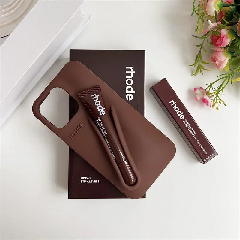 With Box Lipstick Rhod Phone Case for iPhone 16 17 Air 15 14 13 12 11 Pro Max 6 7 8 Plus Makeup Lip Gloss Holder Silicone Cover