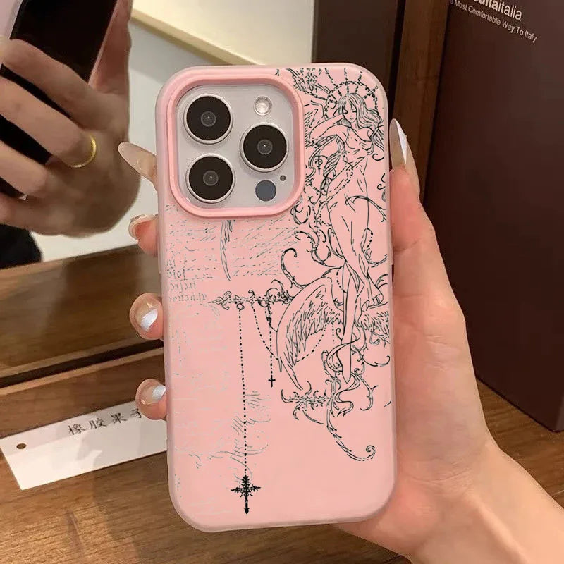 Gothic Style Angel Cross Line Drawing Phone Case For iPhone 11 12 13 14 15 16 17 Pro Max XS X XR 16E 17Pro 17Air 7 8 Plus Cover