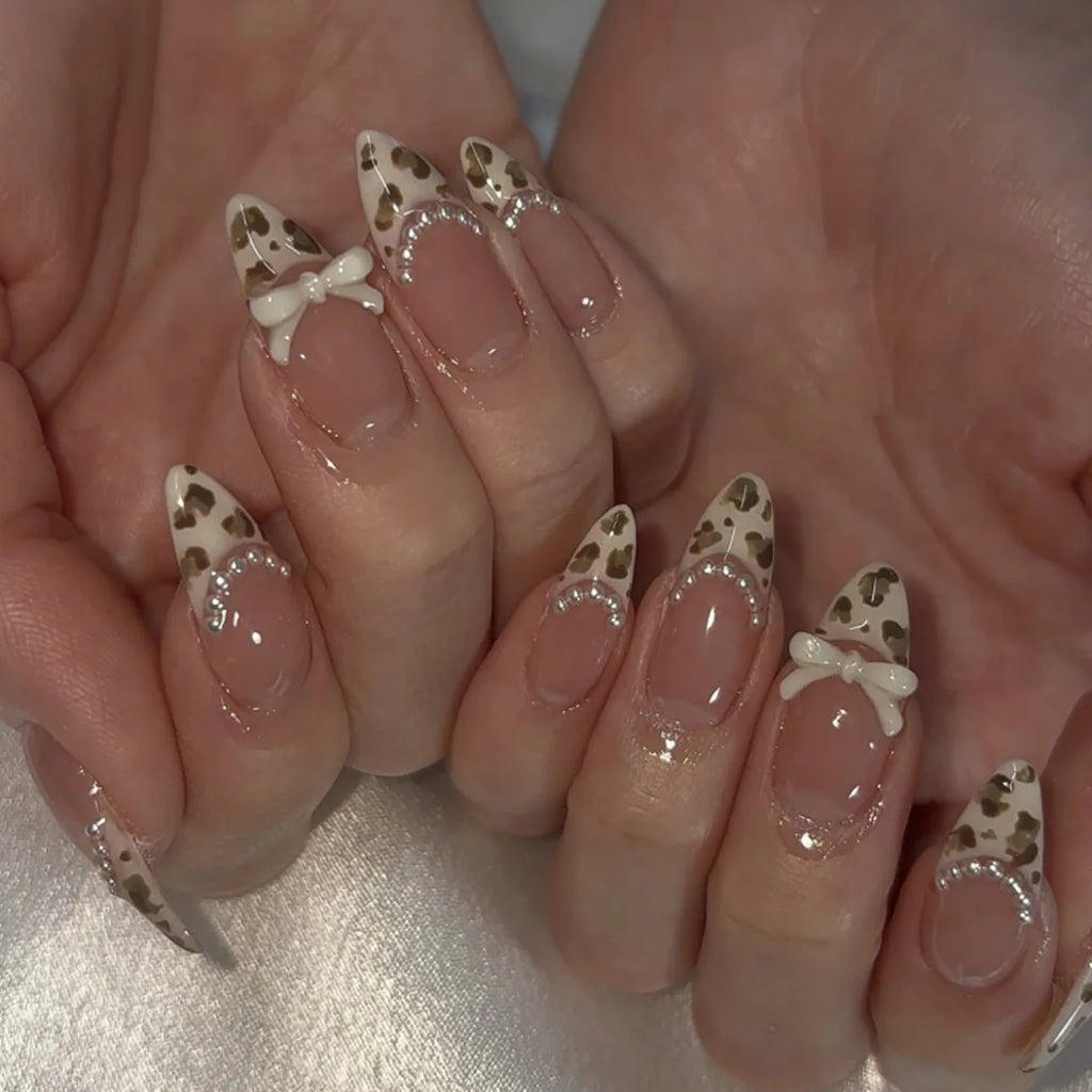 24pcs Sweet False Nail Patches Detachable Fake Nail Tips With Bowknots Love Heart Pearl Design Pink Almond Korean Press On Nail