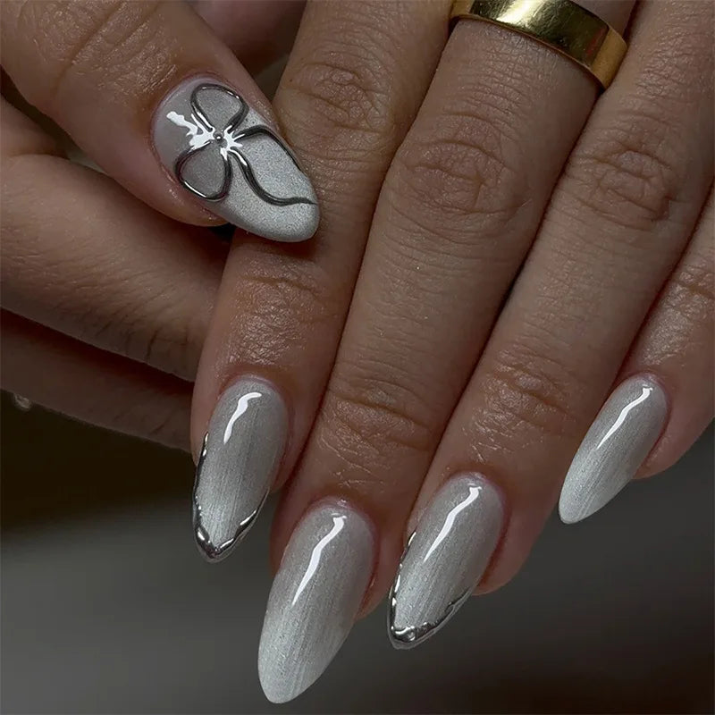 24pcs Wearable Bow Design Press on Nails Simple Pearl Starlight Short Almond False Nails Tips Finished Cat's Eye Fake Nail Sets