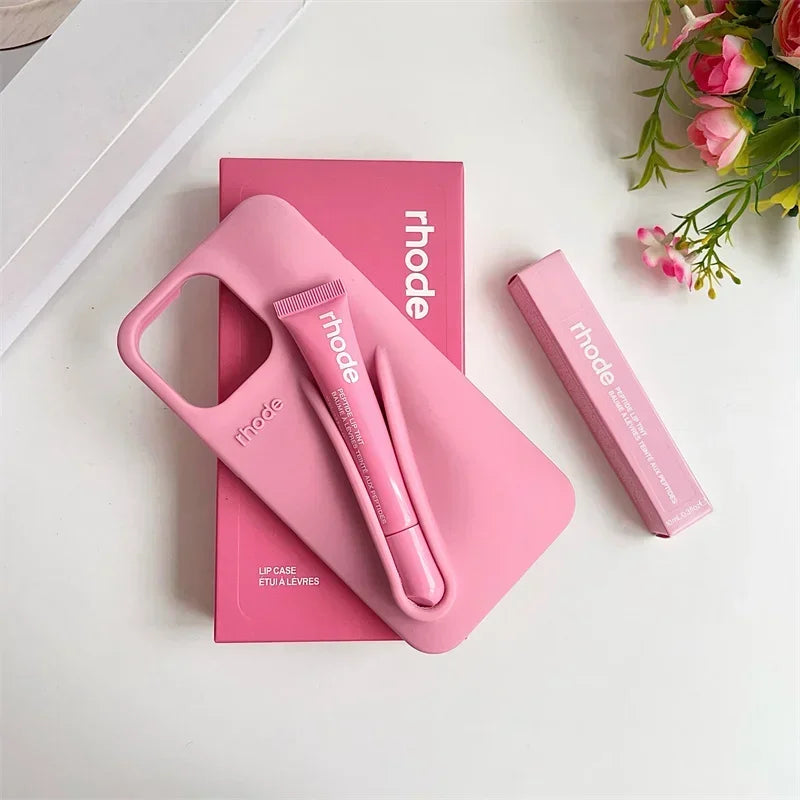 With Box Lipstick Rhod Phone Case for iPhone 16 17 Air 15 14 13 12 11 Pro Max 6 7 8 Plus Makeup Lip Gloss Holder Silicone Cover