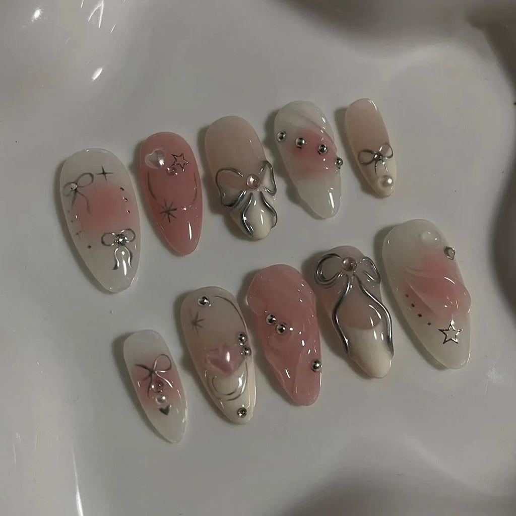 24pcs Sweet False Nail Patches Detachable Fake Nail Tips With Bowknots Love Heart Pearl Design Pink Almond Korean Press On Nail