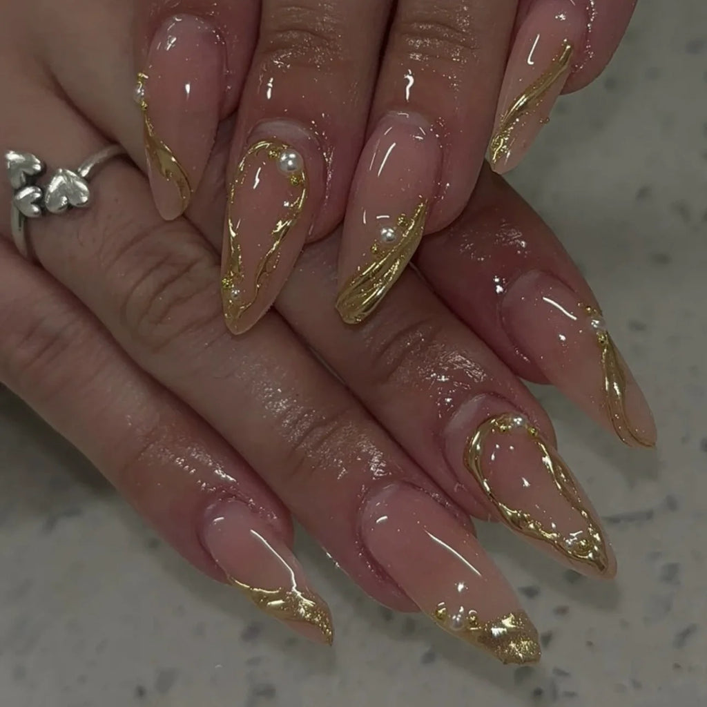 24Pcs French Almond False Nails Glitter with Rhinestones Wearable Fake Nails Artificial Simple Full Cover Press on Nails Tips