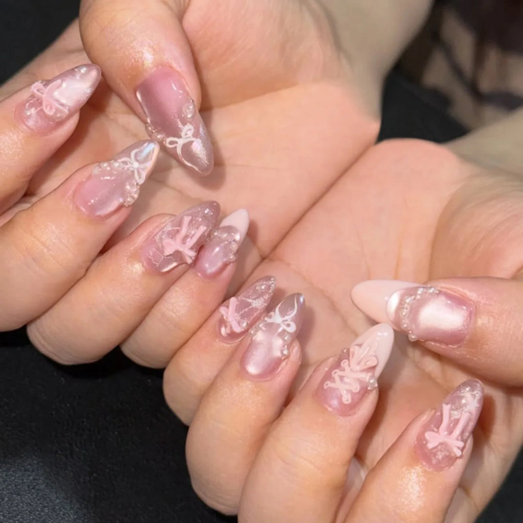 24pcs Sweet False Nail Patches Detachable Fake Nail Tips With Bowknots Love Heart Pearl Design Pink Almond Korean Press On Nail
