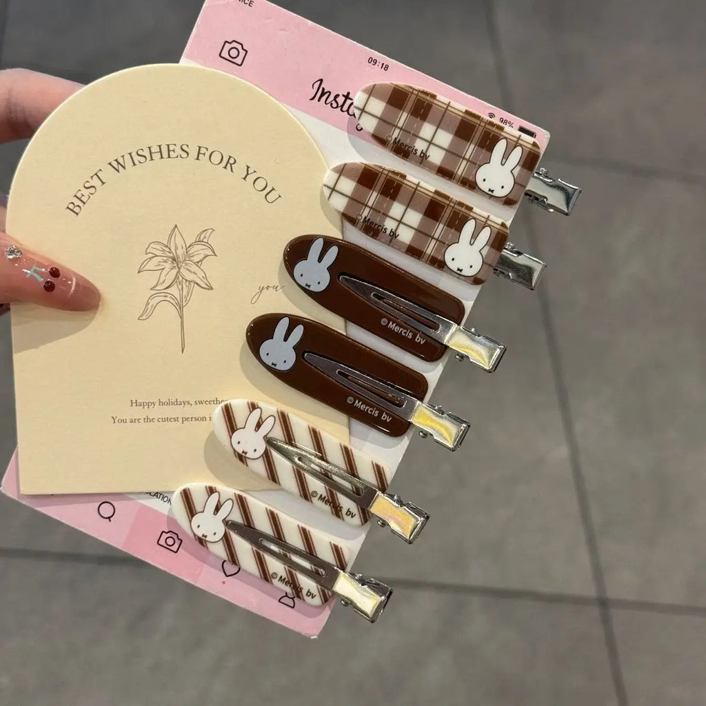 Kawaii Miffy Rabbit Hair Clip Coffee-colored Checkered Miffy Rabbit Traceless Clip Sweet and Retro Girl Cartoon Bangs Clip
