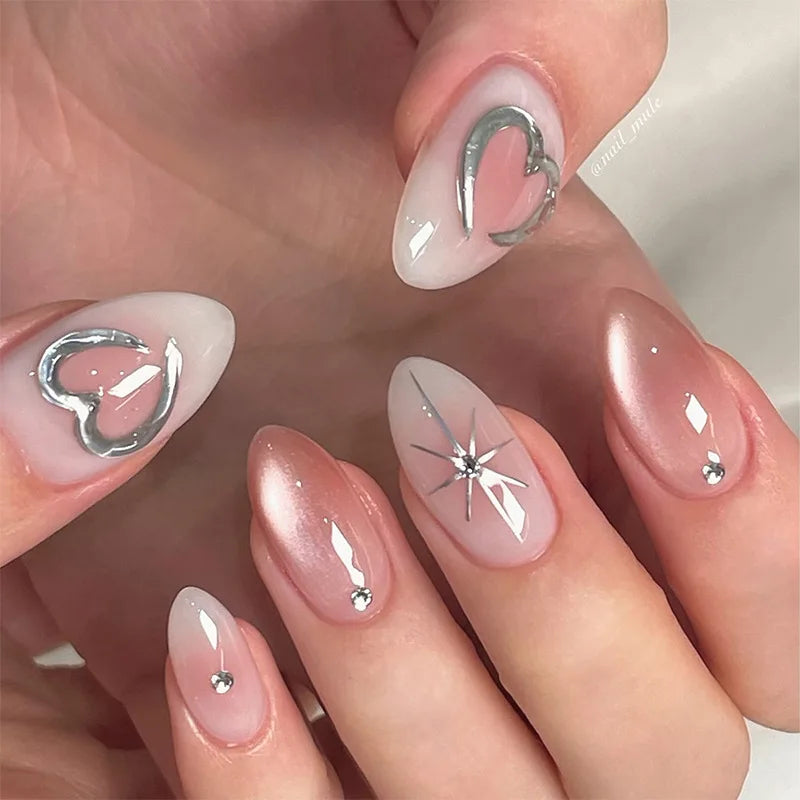 24pcs Wearable Bow Design Press on Nails Simple Pearl Starlight Short Almond False Nails Tips Finished Cat's Eye Fake Nail Sets