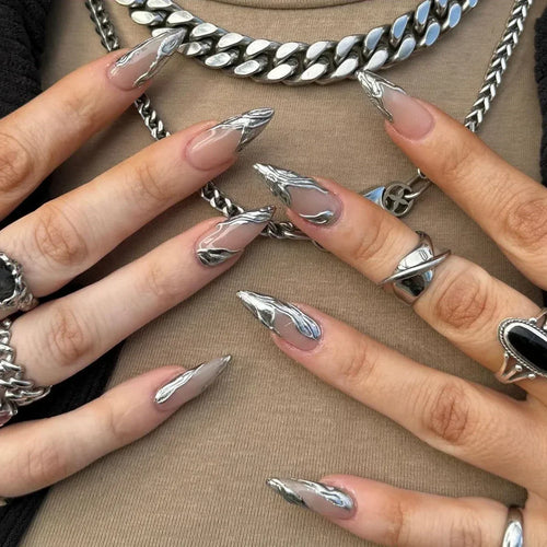 24PCS French Almond Press-On Nails – Glitter Rhinestone Full Cover Nails