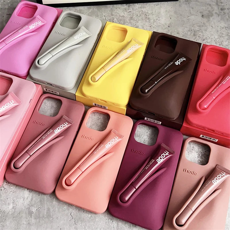 With Box Lipstick Rhod Phone Case for iPhone 16 17 Air 15 14 13 12 11 Pro Max 6 7 8 Plus Makeup Lip Gloss Holder Silicone Cover