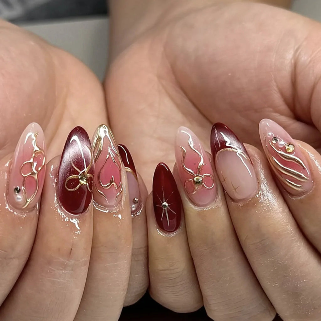 24pcs Pink Flower Almond Press on Nails Kawaii False Nails Wearable Stick-on Nails Fake Nail Uñas Postizas Накладные Ногти 네일팁