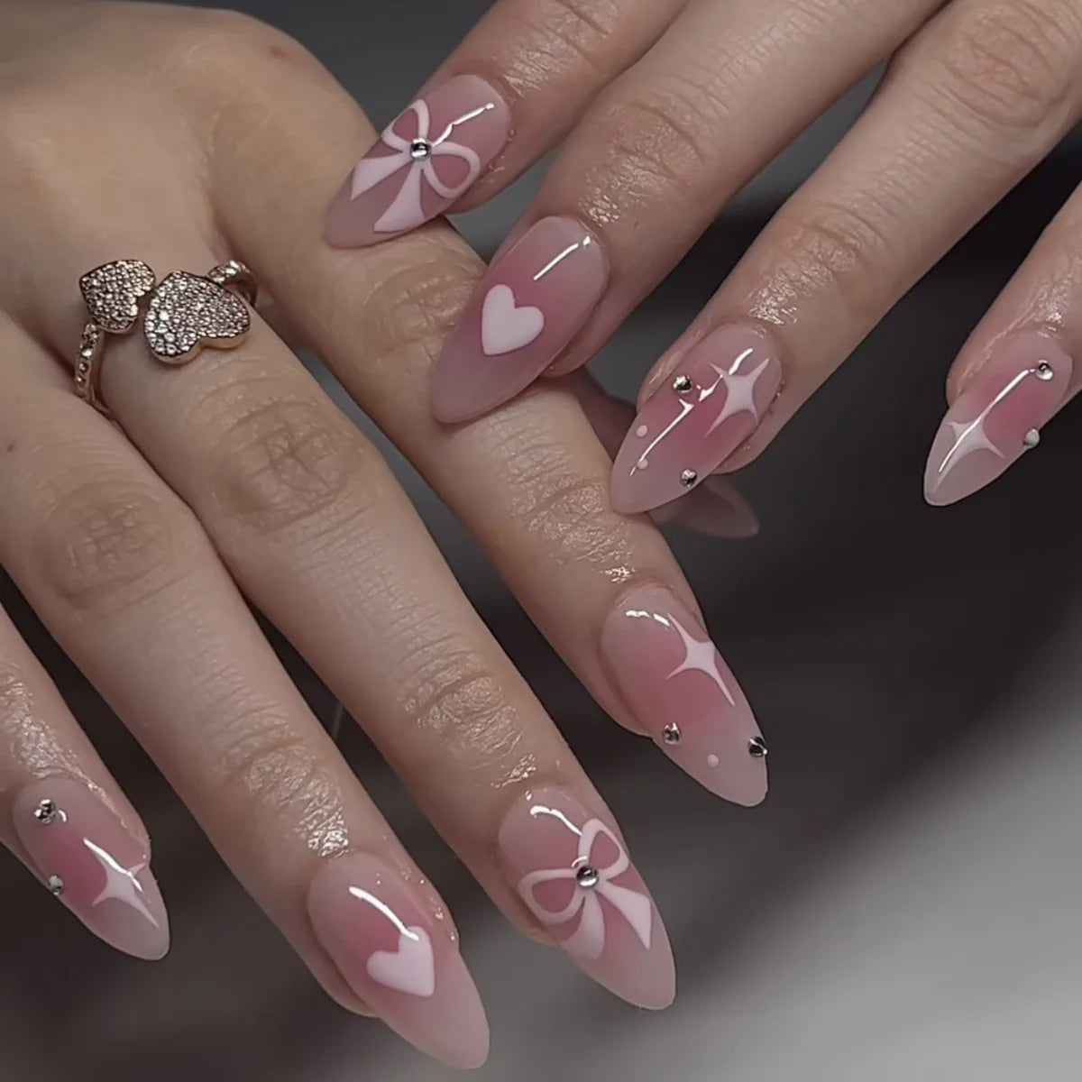 24pcs Wearable Bow Design Press on Nails Simple Pearl Starlight Short Almond False Nails Tips Finished Cat's Eye Fake Nail Sets